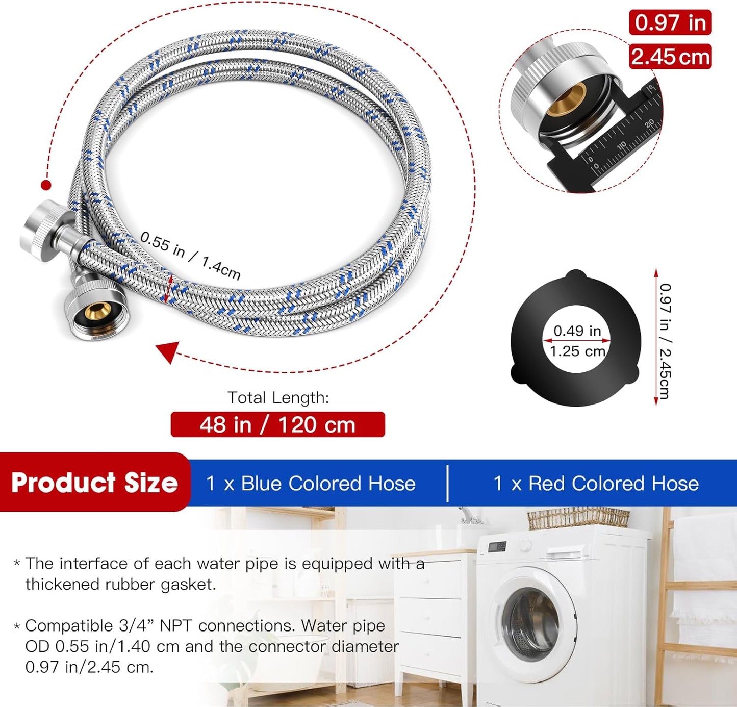 Gecyfit Premium Stainless Steel Washing Machine Hoses in Blue and Red DEMO