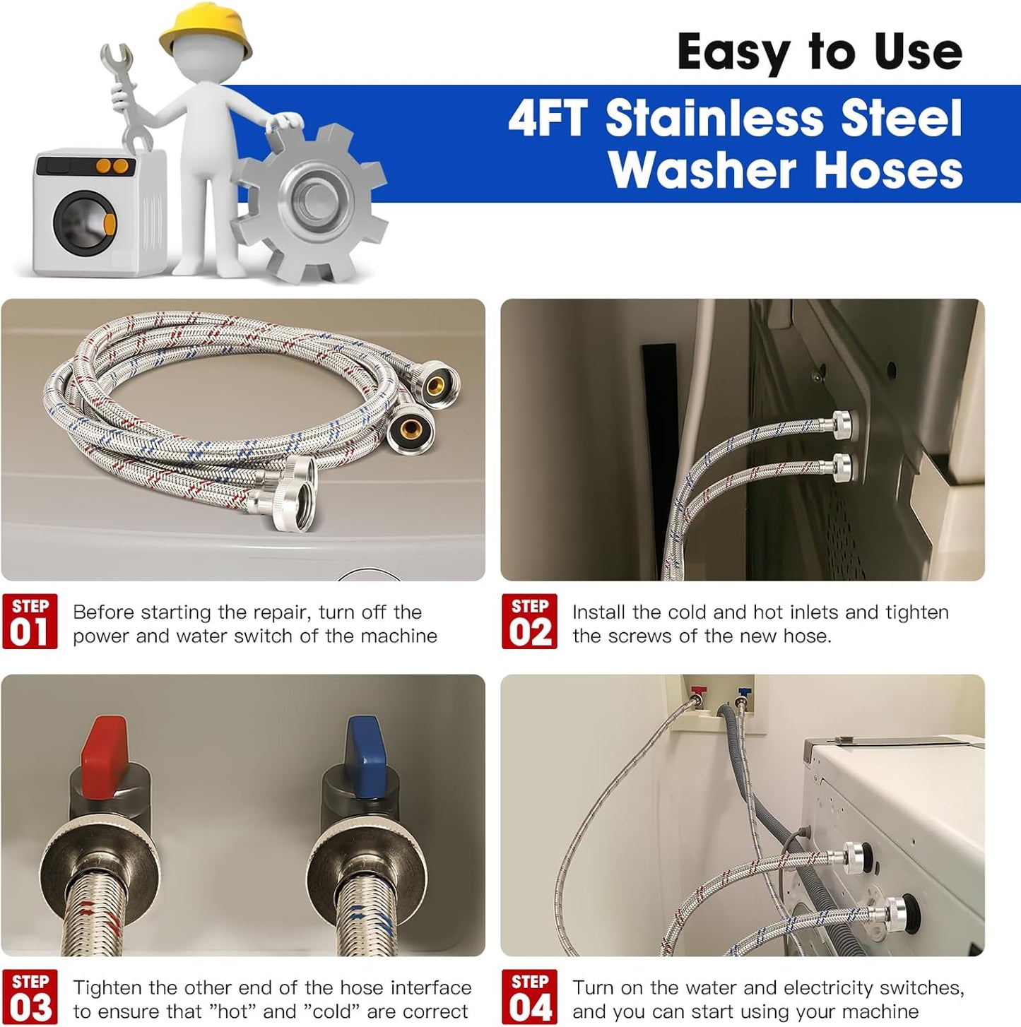 Gecyfit Premium Stainless Steel Washing Machine Hoses in Blue and Red DEMO