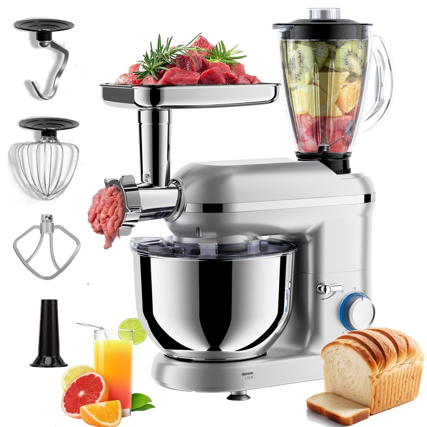 AIZYZYO 1900W Kitchen Food Stand Mixer 6-Speed Tilt-Head Pulse Silver-6.5L DEMO