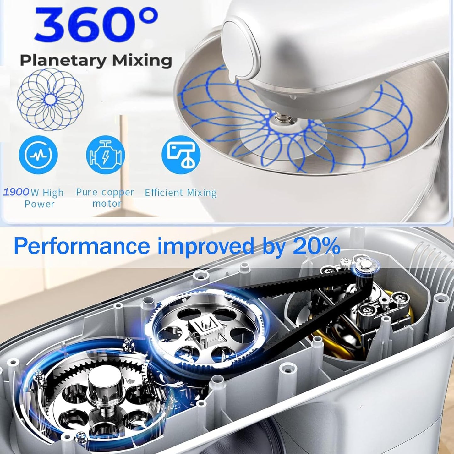 AIZYZYO 1900W Kitchen Food Stand Mixer 6-Speed Tilt-Head Pulse Silver-6.5L DEMO