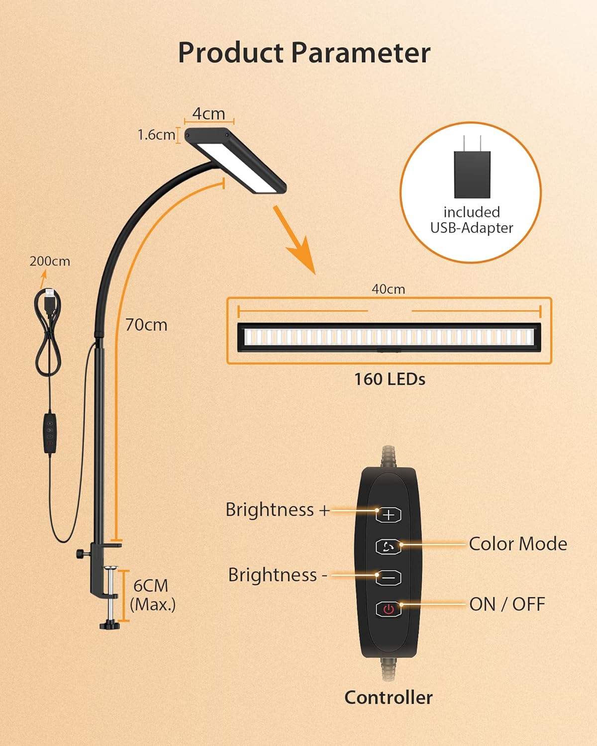 iFalarila Dimmable LED Desk Lamp with 160 LEDs, Adjustable Gooseneck, Black DEMO