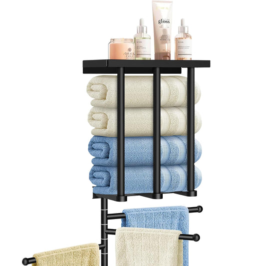 Uptyia 3-Arm Bathroom Towel Bar with Shelf Storage Rack in Black - DEMO