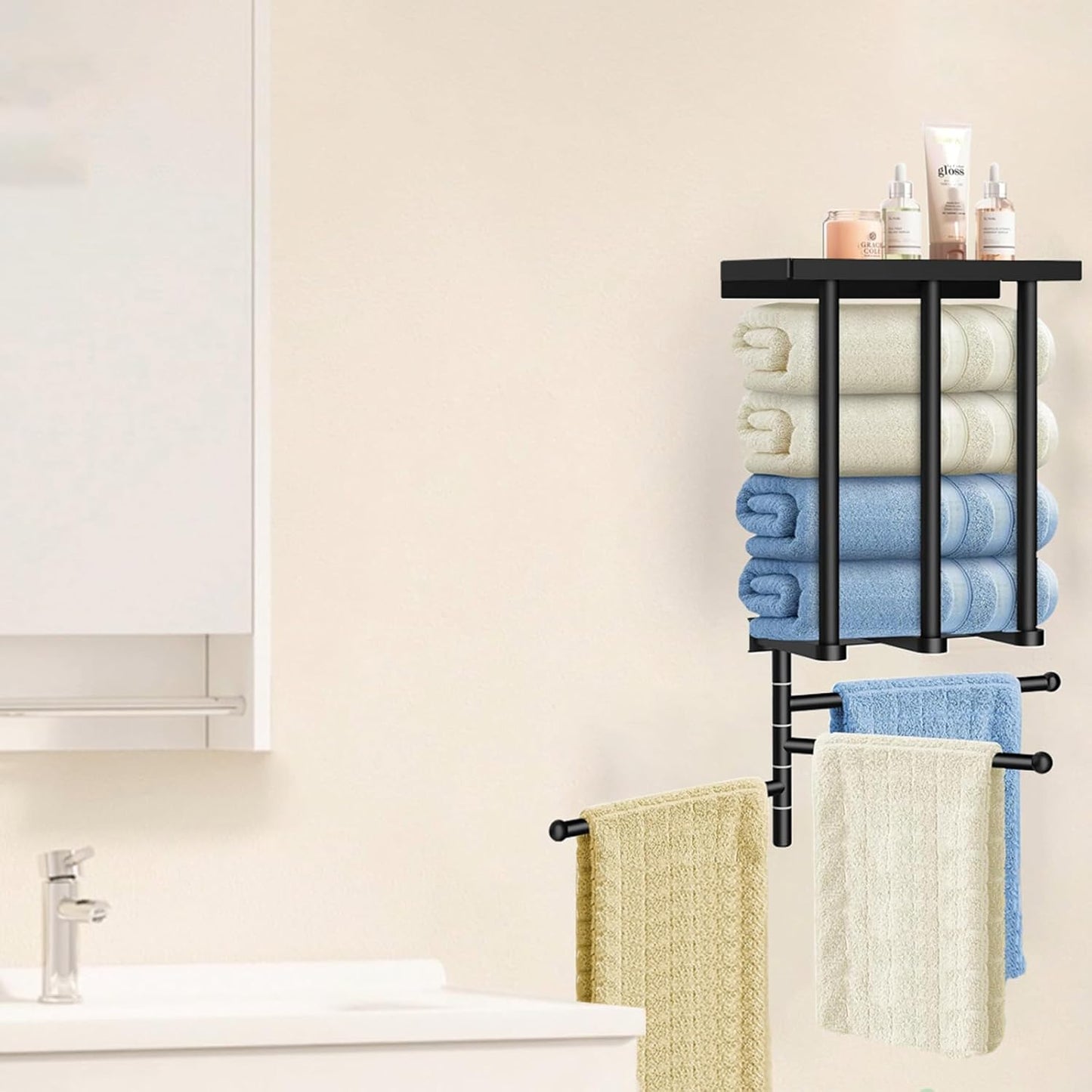 Uptyia 3-Arm Bathroom Towel Bar with Shelf Storage Rack in Black - DEMO