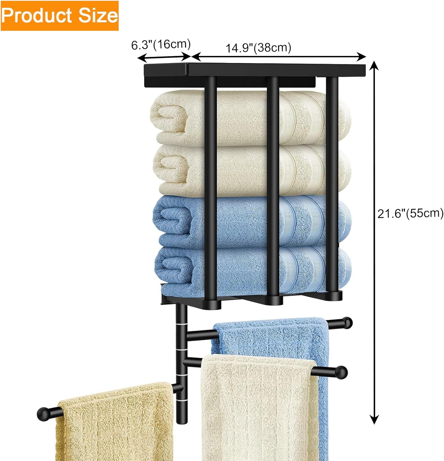 Uptyia 3-Arm Bathroom Towel Bar with Shelf Storage Rack in Black - DEMO