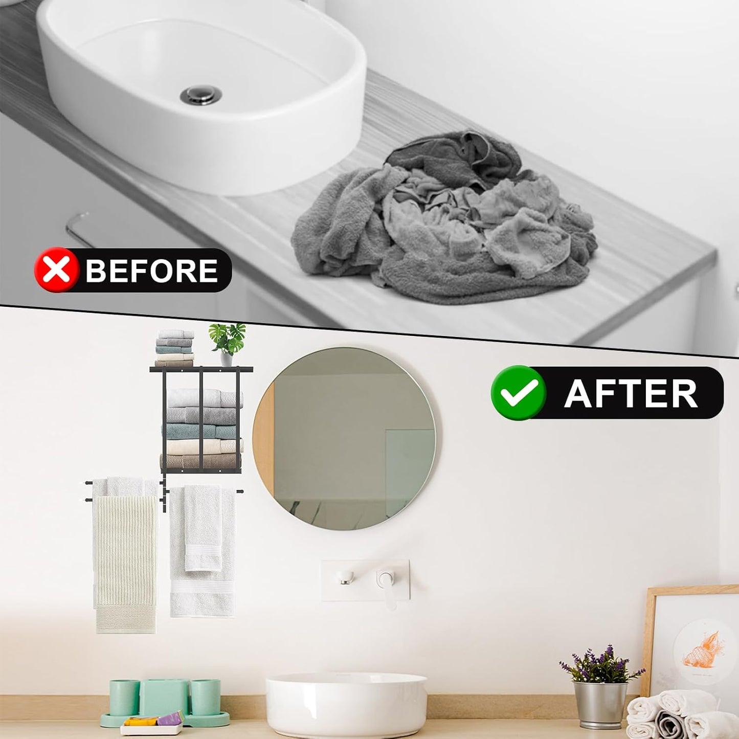 Uptyia 3-Arm Bathroom Towel Bar with Shelf Storage Rack in Black - DEMO
