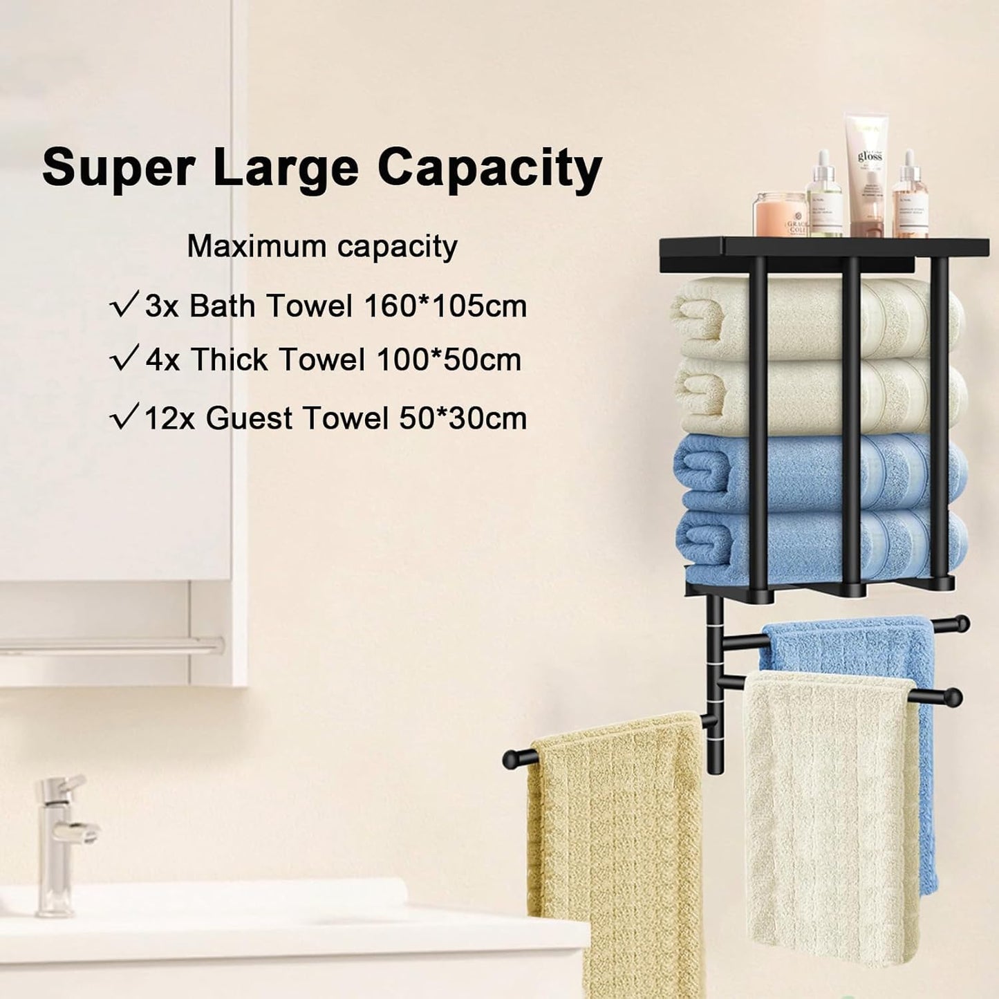 Uptyia 3-Arm Bathroom Towel Bar with Shelf Storage Rack in Black - DEMO
