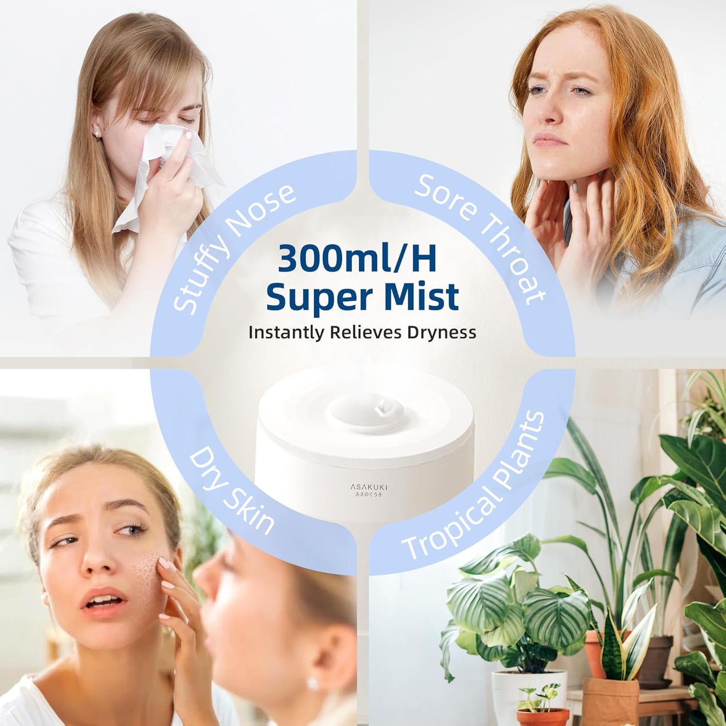 ASAKUKI 3L Cool Mist Humidifier for Bedroom, White Single Room Air DEMO