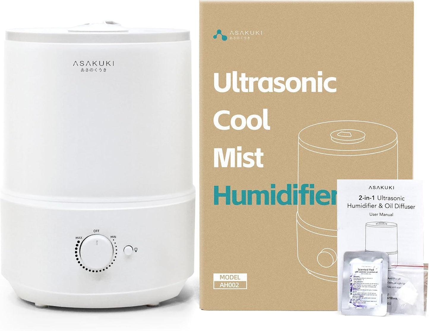 ASAKUKI 3L Cool Mist Humidifier for Bedroom, White Single Room Air DEMO