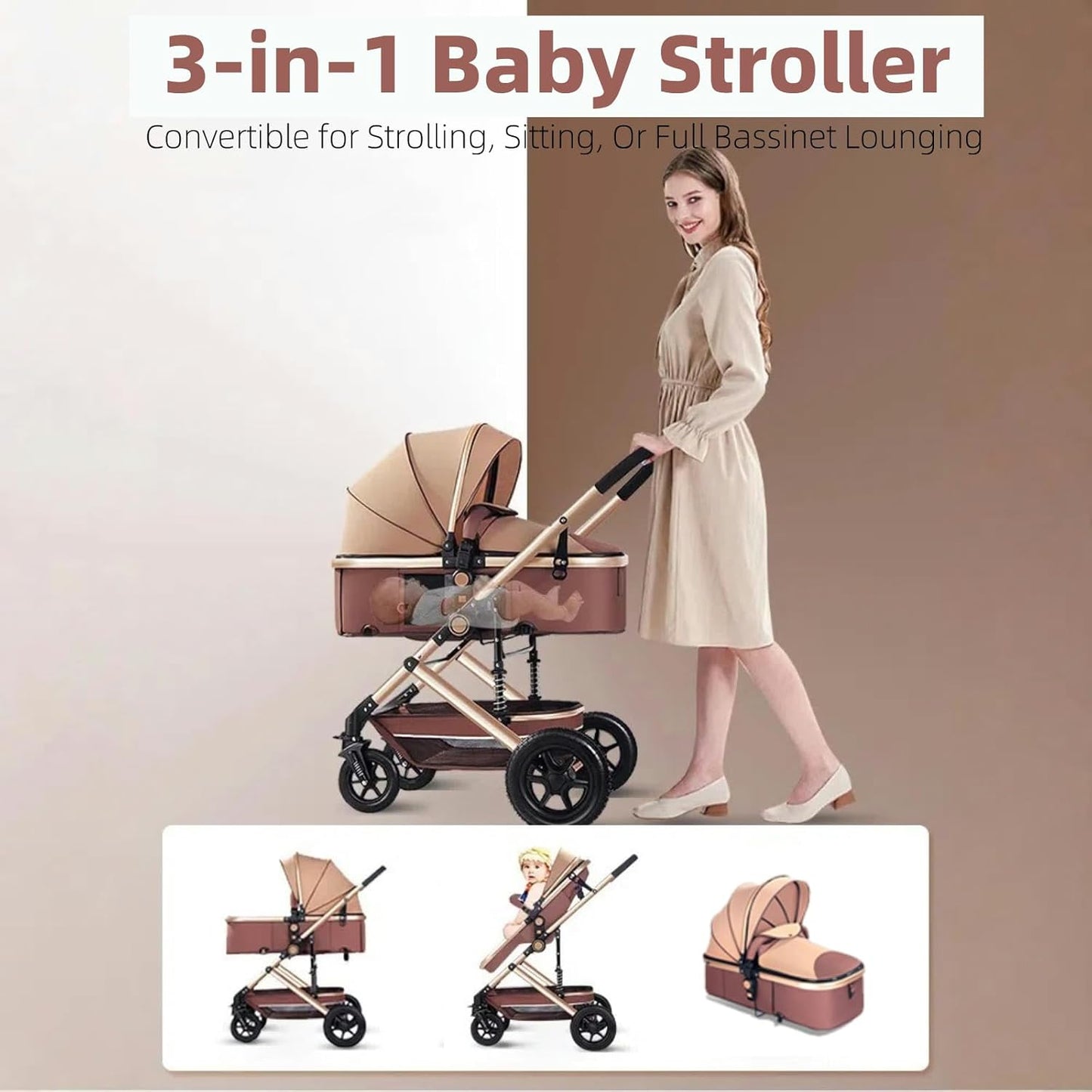 Gdaytao 3-in-1 Prams Baby Stroller Pram with Extra-Wide Bassinet, Khaki DEMO