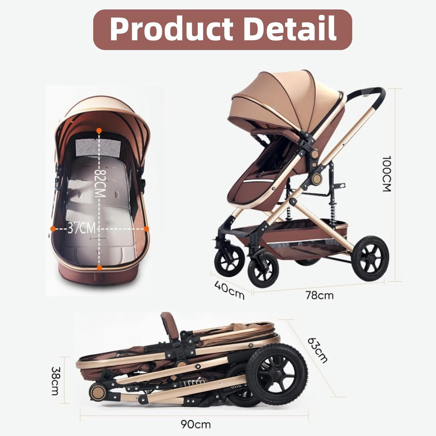 Gdaytao 3-in-1 Prams Baby Stroller Pram with Extra-Wide Bassinet, Khaki DEMO