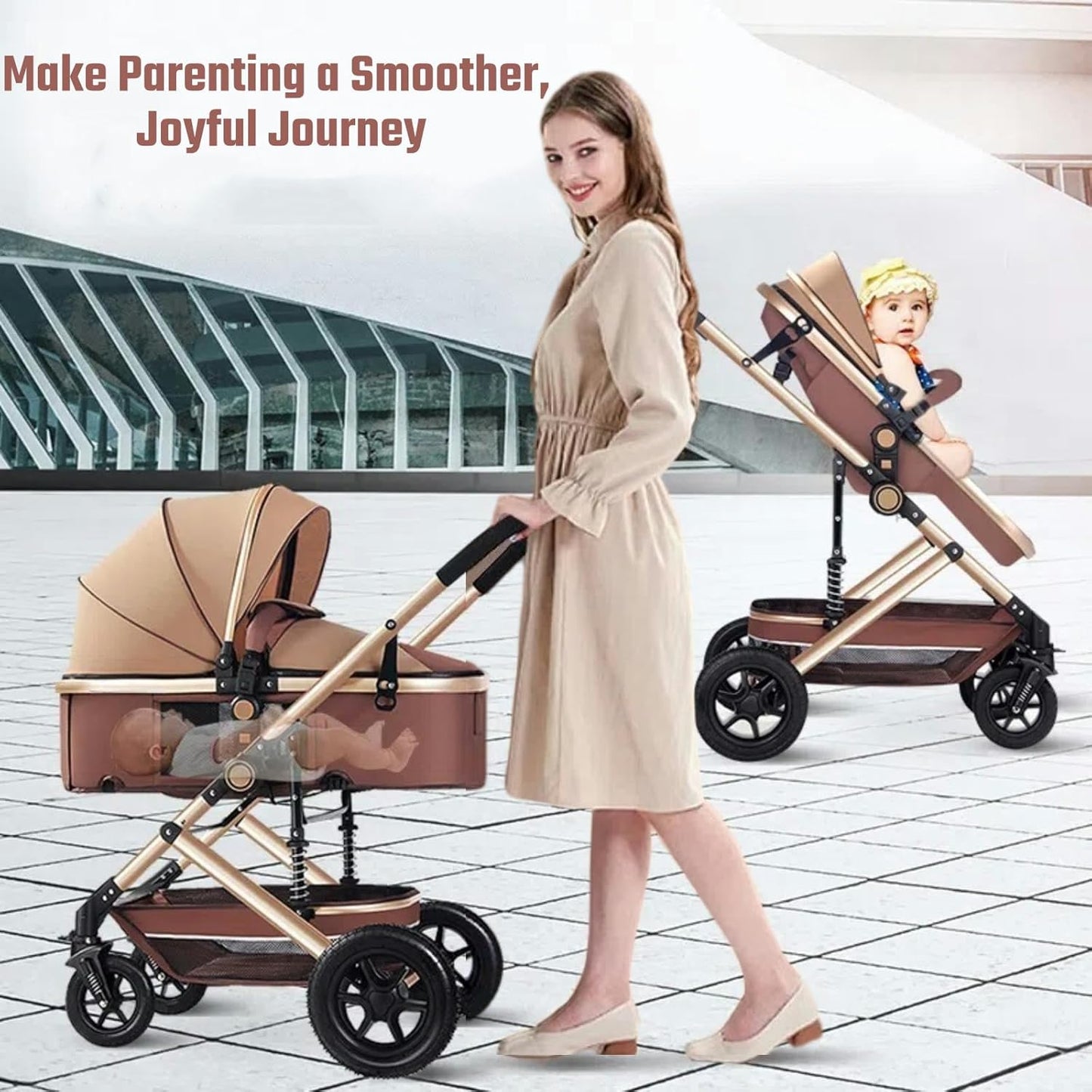 Gdaytao 3-in-1 Prams Baby Stroller Pram with Extra-Wide Bassinet, Khaki DEMO