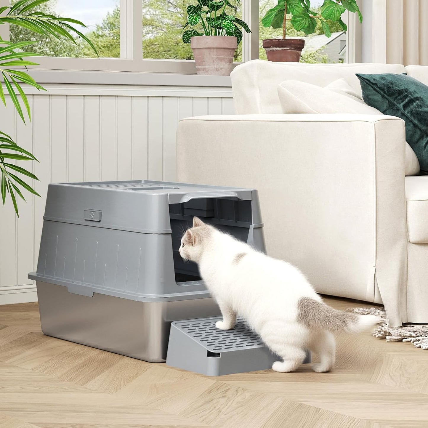 Lifewit Extra Large Enclosed Litter Box with Plastic Lid Gray DEMO