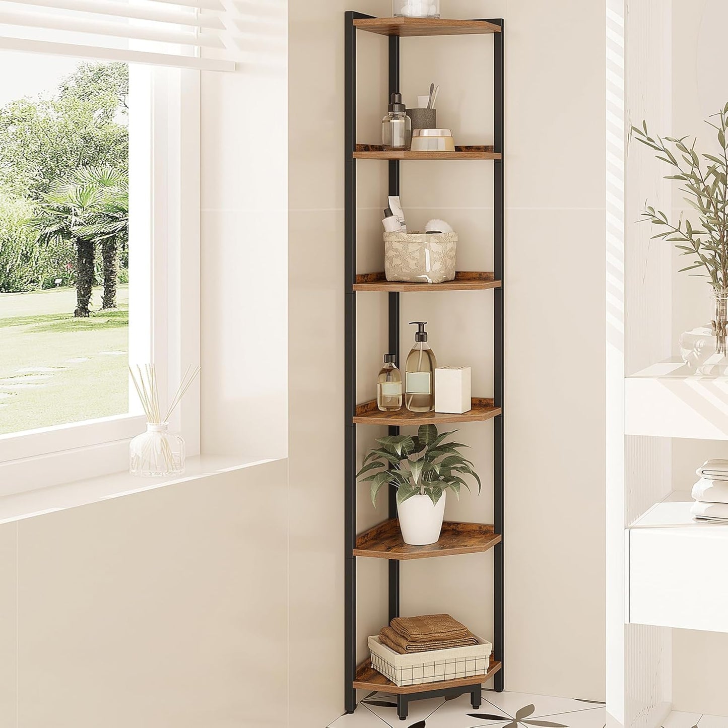 Hzuaneri Corner Bookcases Bookshelf Storage Shelf Unit Rustic Brown 11.8"D DEMO