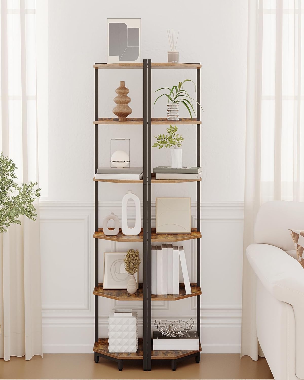 Hzuaneri Corner Bookcases Bookshelf Storage Shelf Unit Rustic Brown 11.8"D DEMO