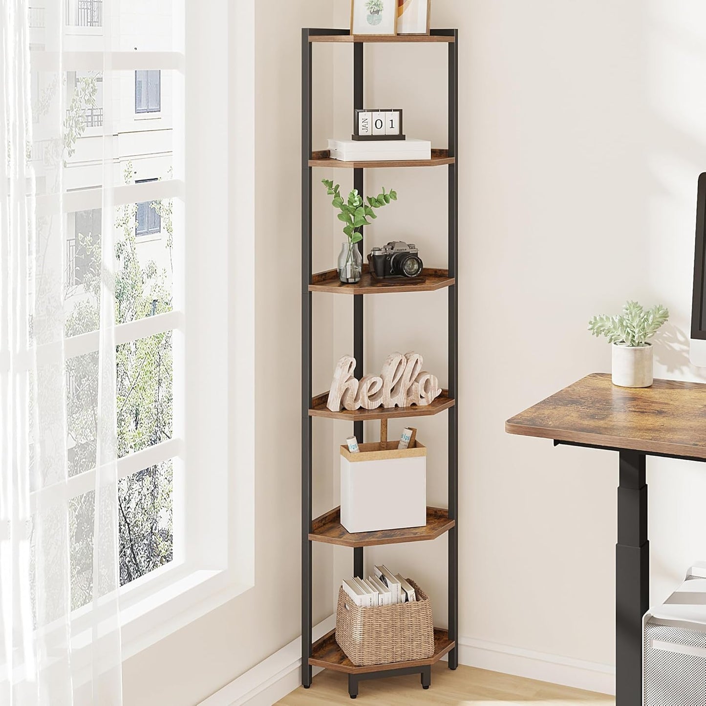 Hzuaneri Corner Bookcases Bookshelf Storage Shelf Unit Rustic Brown 11.8"D DEMO