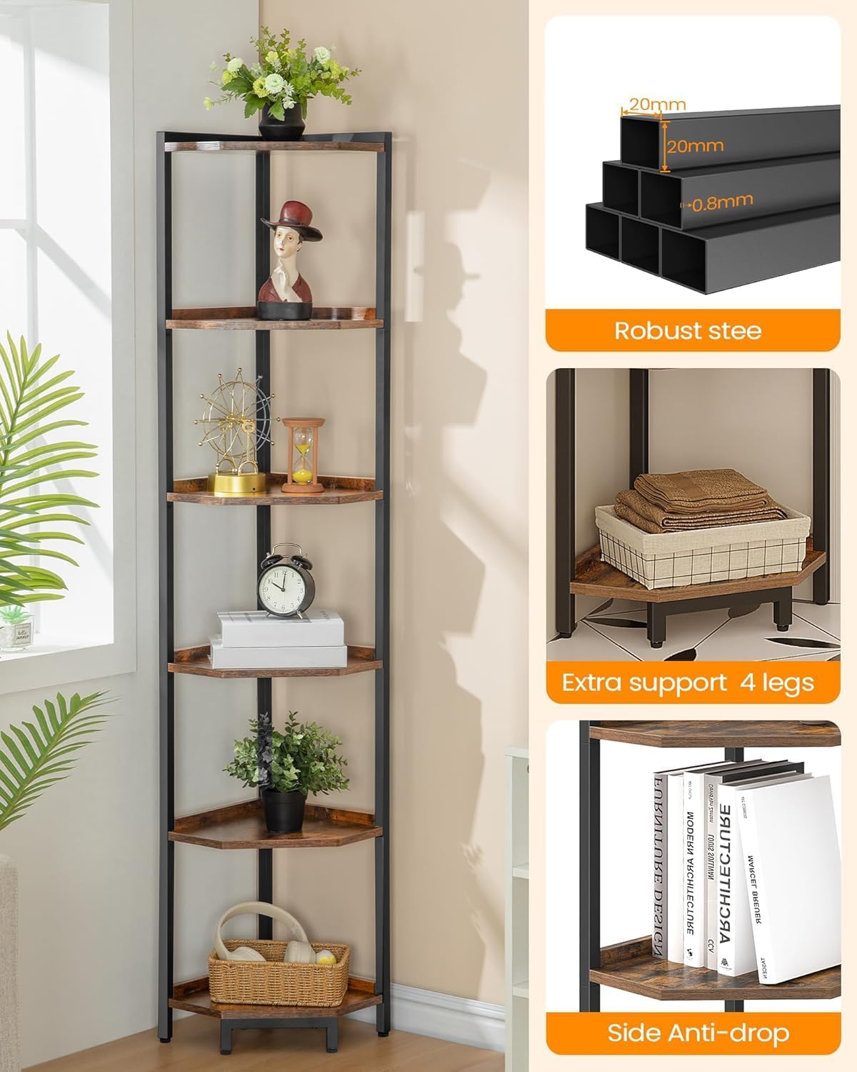 Hzuaneri Corner Bookcases Bookshelf Storage Shelf Unit Rustic Brown 11.8"D DEMO
