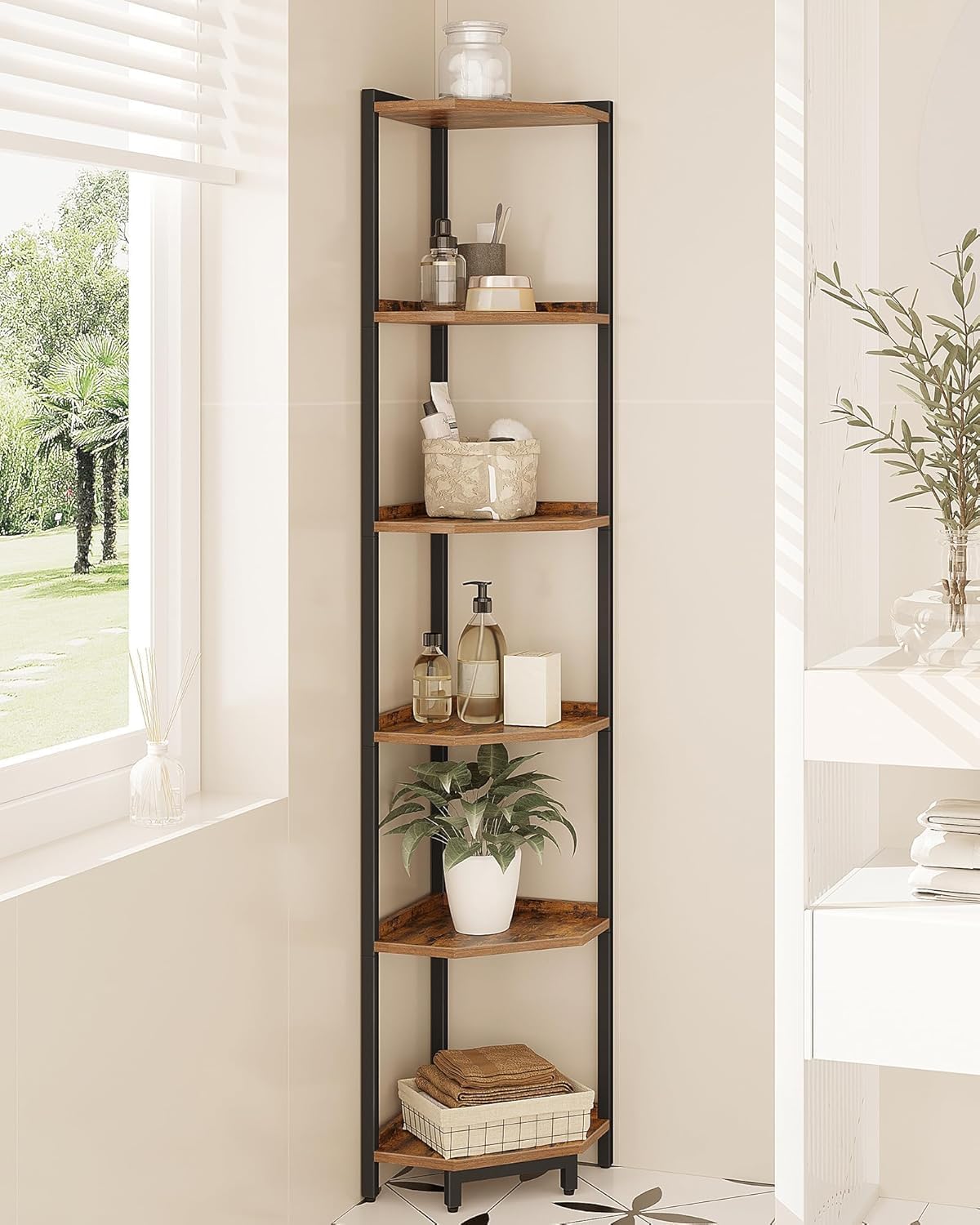 Hzuaneri Corner Bookcases Bookshelf Storage Shelf Unit Rustic Brown 11.8"D DEMO