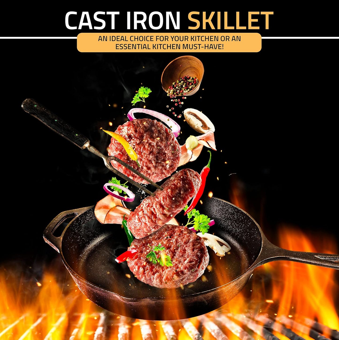 KICHLY Pre-Seasoned Cast Iron Skillet Frying Pan Durable Nonstick Cooking DEMO