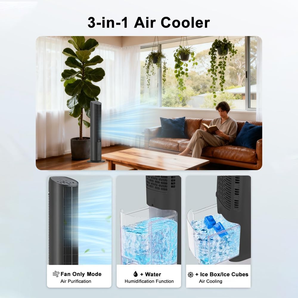BELEAAD 3L Evaporative Air Cooler Tower Fan with 98cm Height, Black Size DEMO