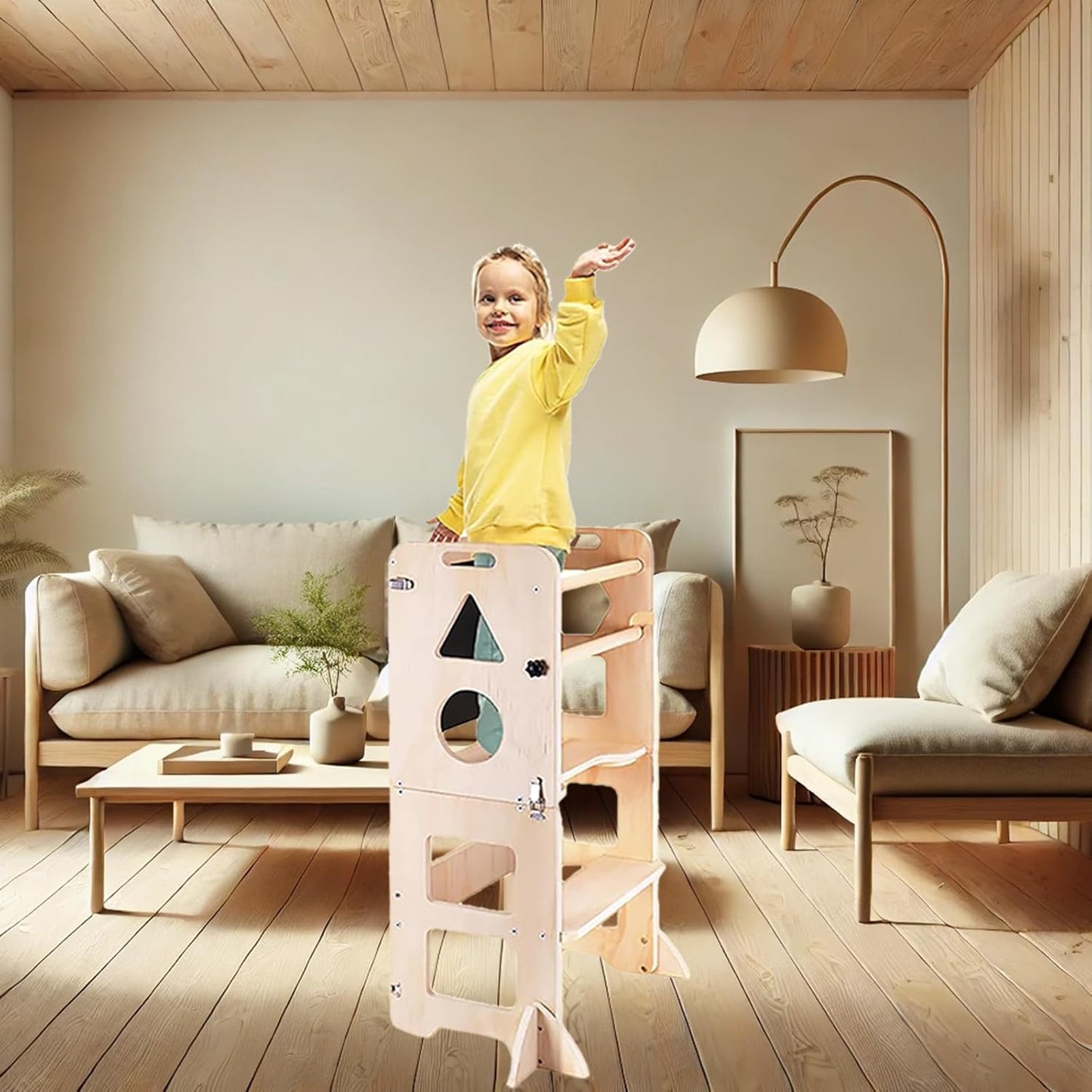 Jeonz Foldable Montessori Learning Tower Toddler Kitchen Step Stool Wood DEMO