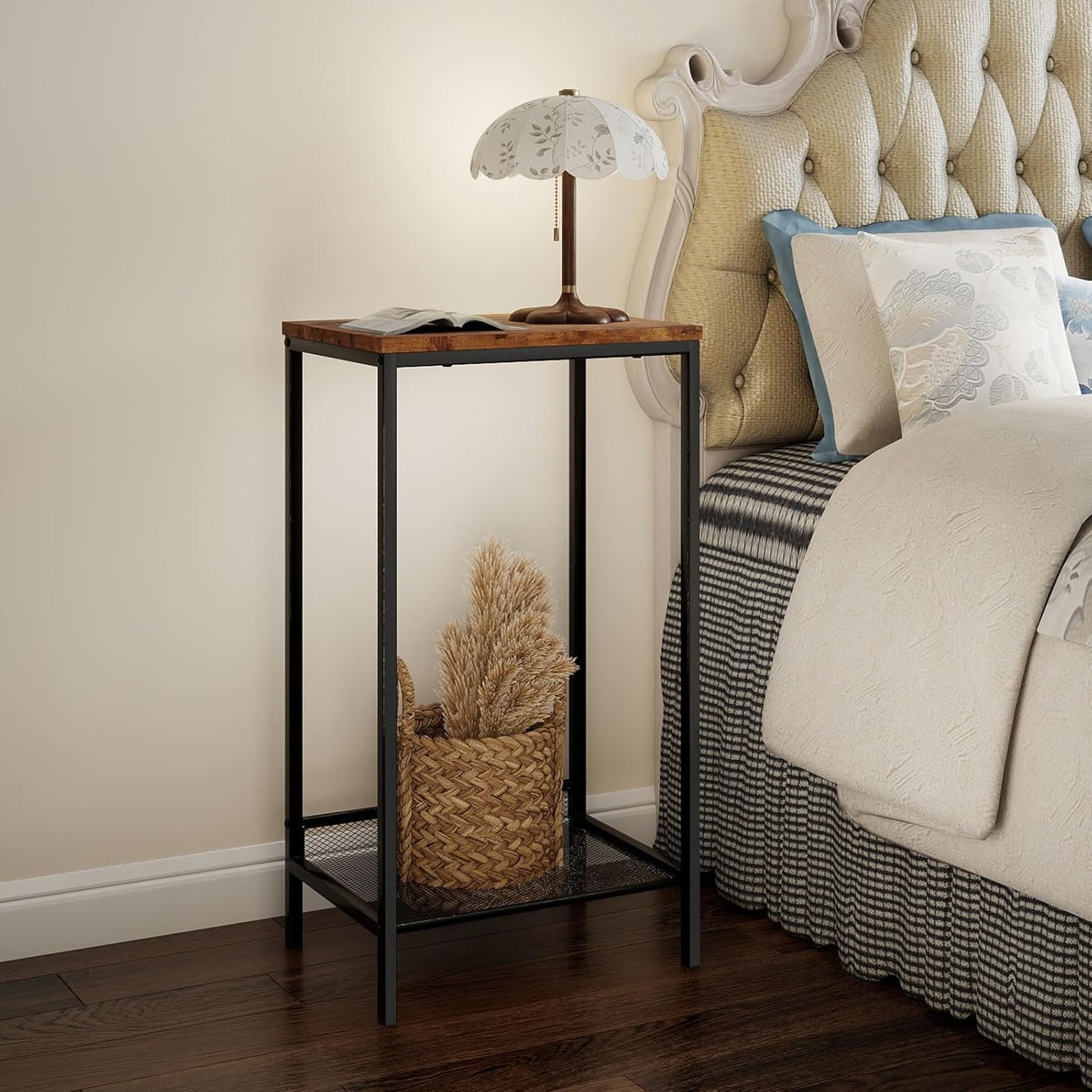 Levede Narrow End Tables End Table with Mesh Shelf 2-Tier Storage DEMO