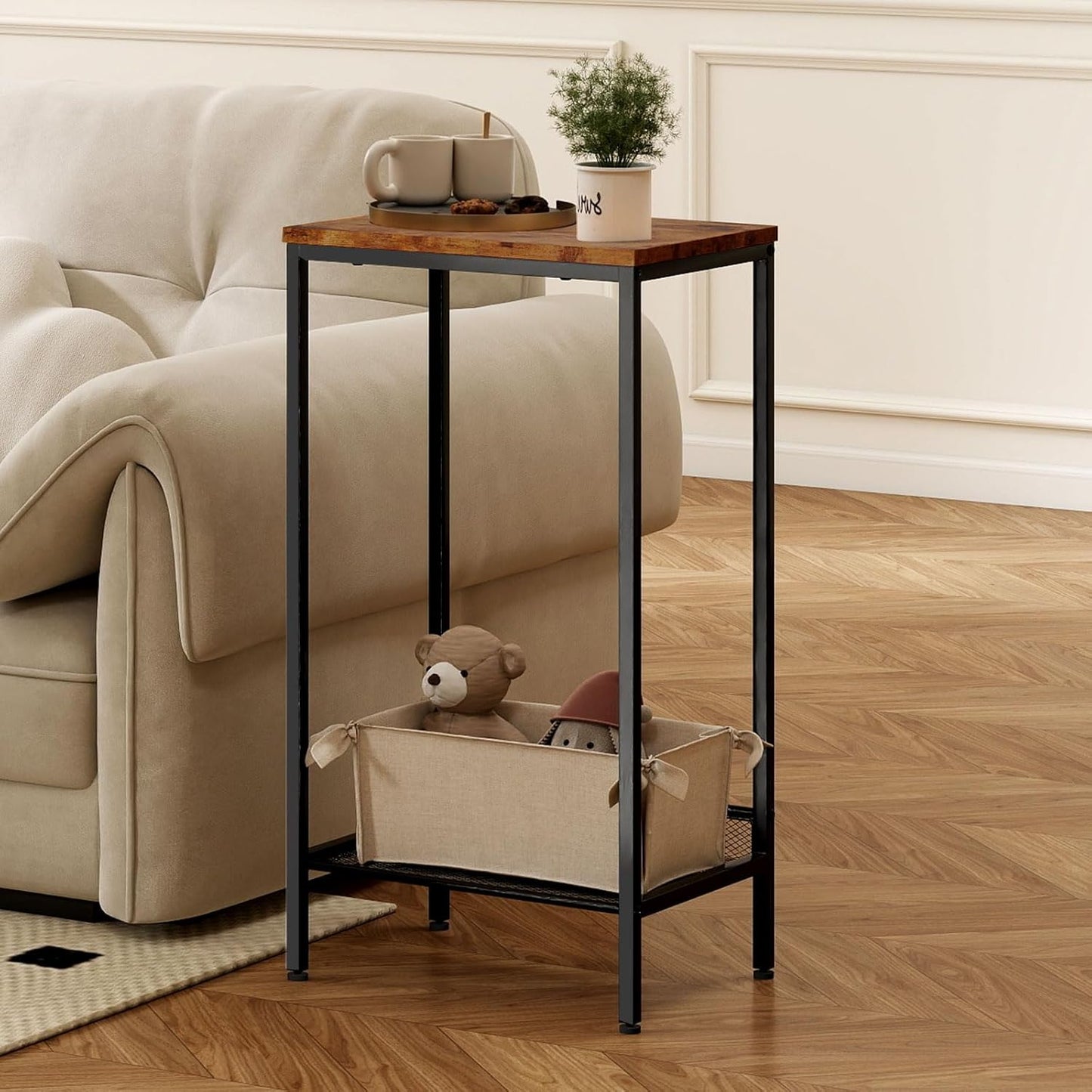 Levede Narrow End Tables End Table with Mesh Shelf 2-Tier Storage DEMO