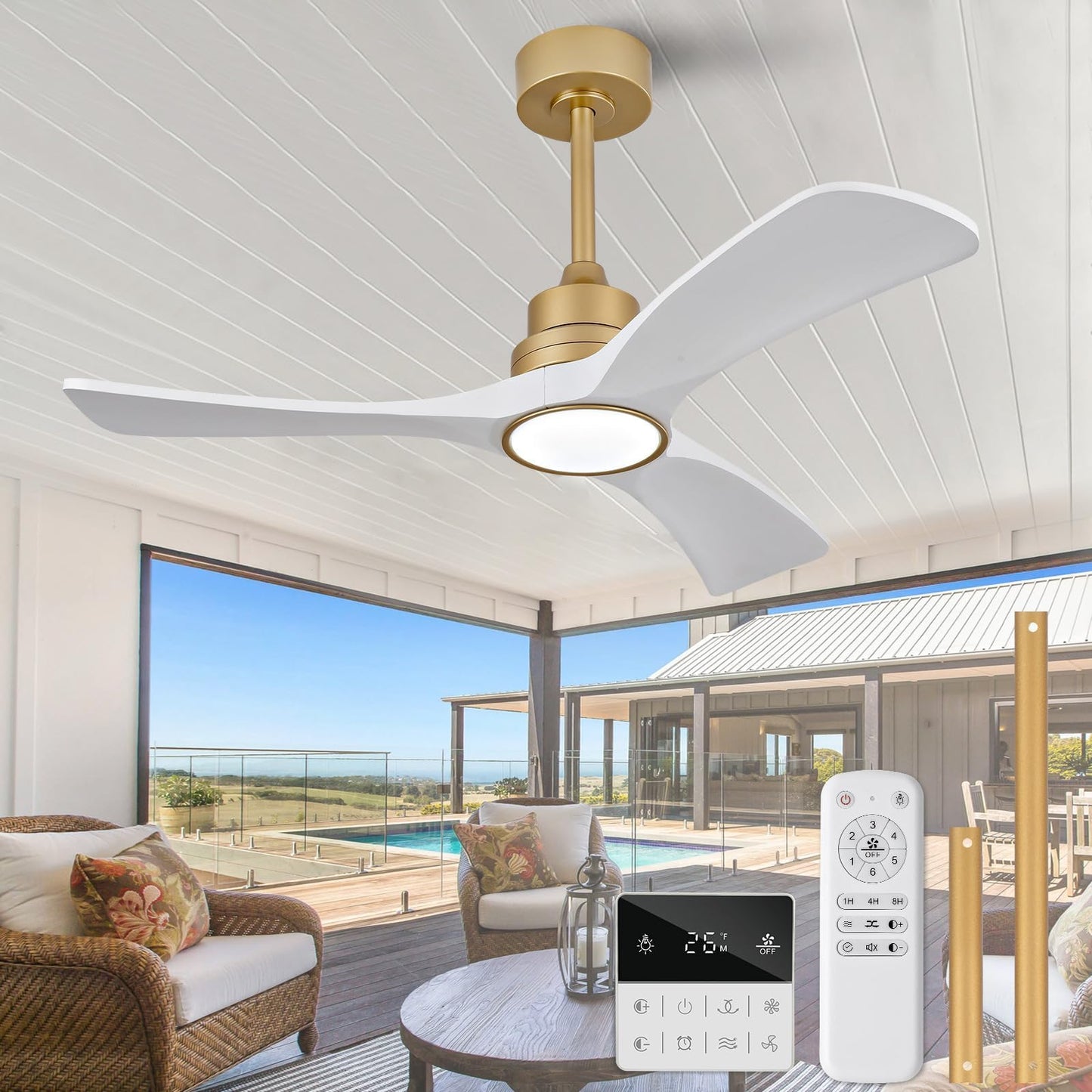 OMYU 42 Inch Gold White Ceiling Fan with Light and Downrod Mount Size 42 DEMO