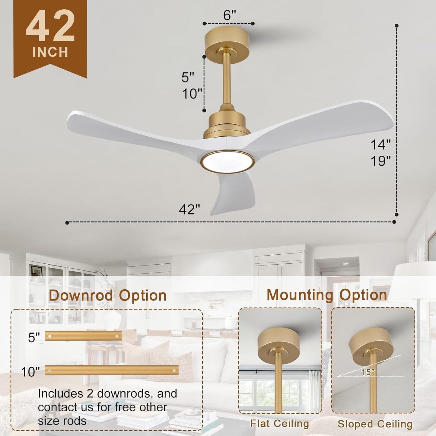OMYU 42 Inch Gold White Ceiling Fan with Light and Downrod Mount Size 42 DEMO