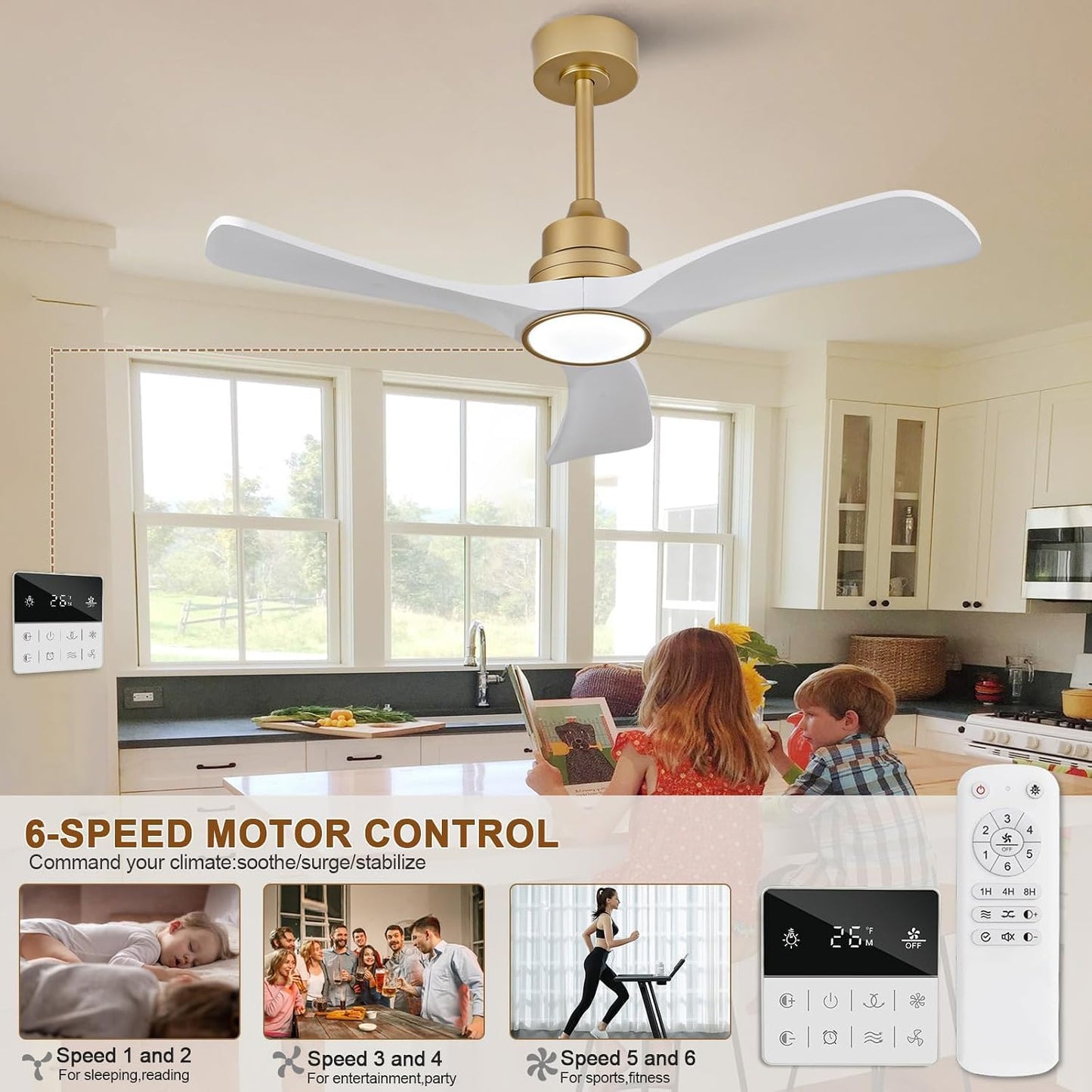 OMYU 42 Inch Gold White Ceiling Fan with Light and Downrod Mount Size 42 DEMO