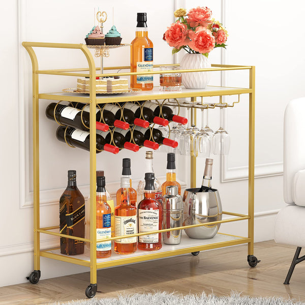 Lifewit 2-Tier Bar Cart with 9 Wine Bottle Racks Serving Trolley Gold DEMO