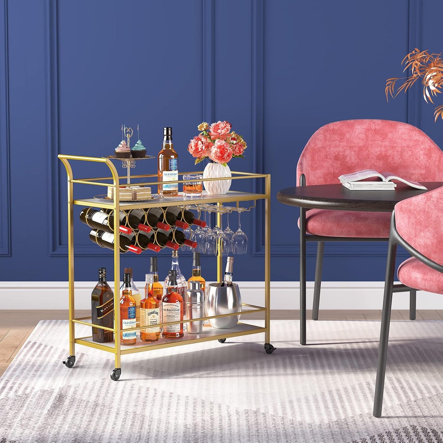 Lifewit 2-Tier Bar Cart with 9 Wine Bottle Racks Serving Trolley Gold DEMO