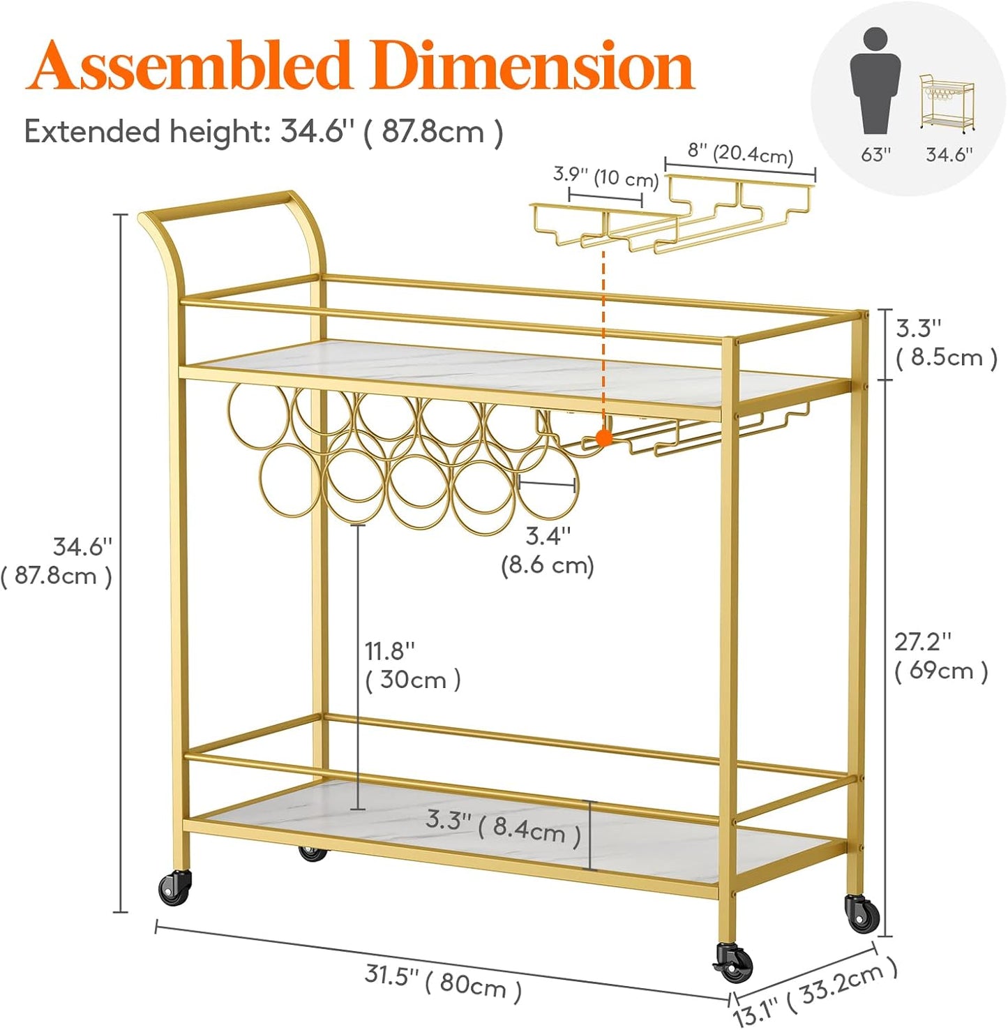 Lifewit 2-Tier Bar Cart with 9 Wine Bottle Racks Serving Trolley Gold DEMO