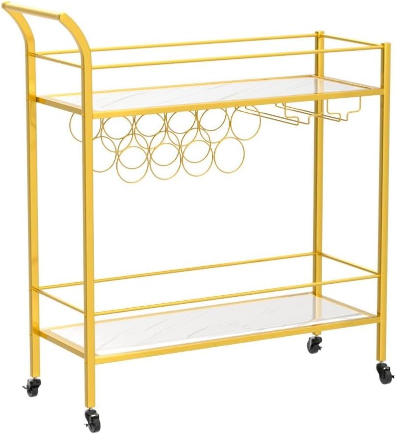 Lifewit 2-Tier Bar Cart with 9 Wine Bottle Racks Serving Trolley Gold DEMO