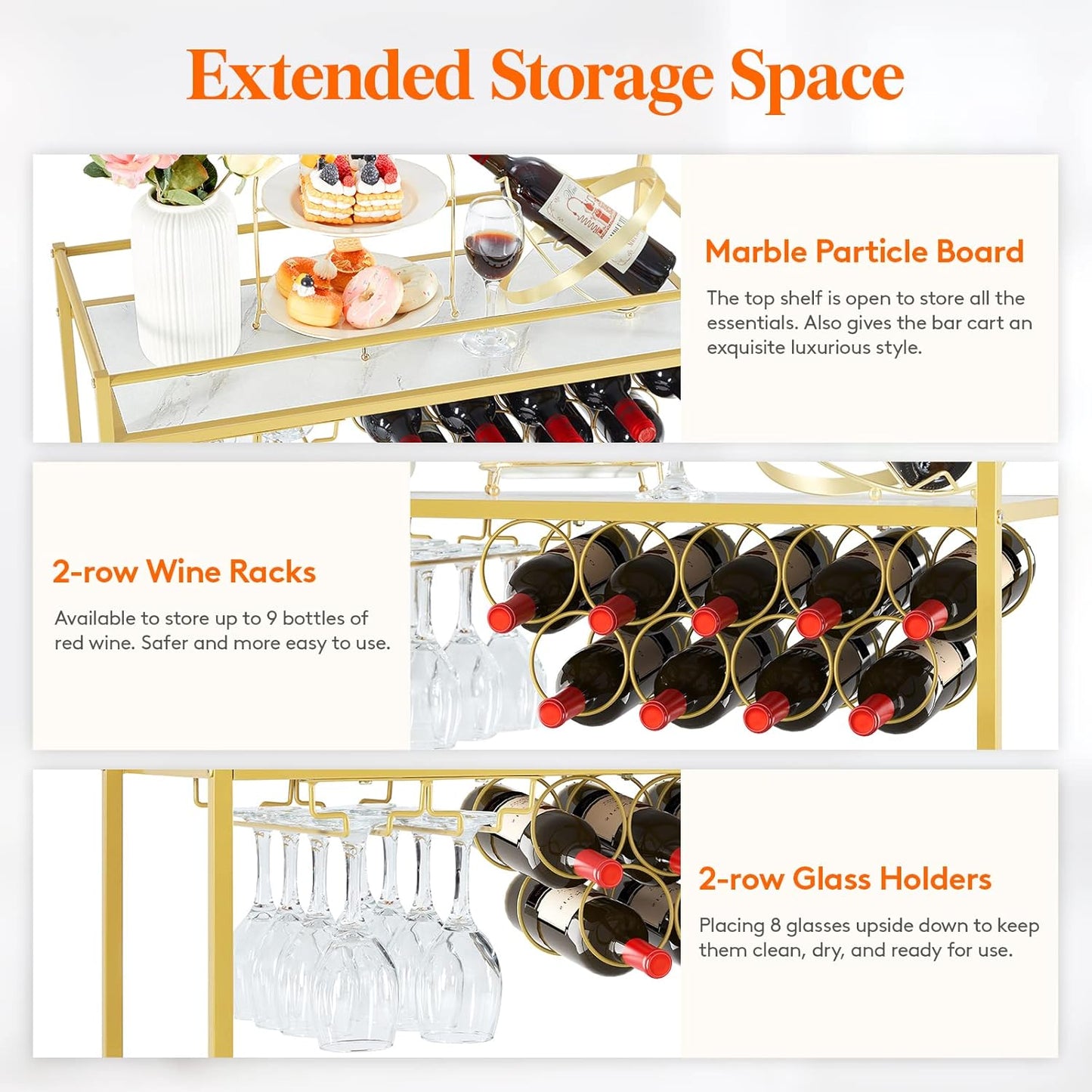Lifewit 2-Tier Bar Cart with 9 Wine Bottle Racks Serving Trolley Gold DEMO