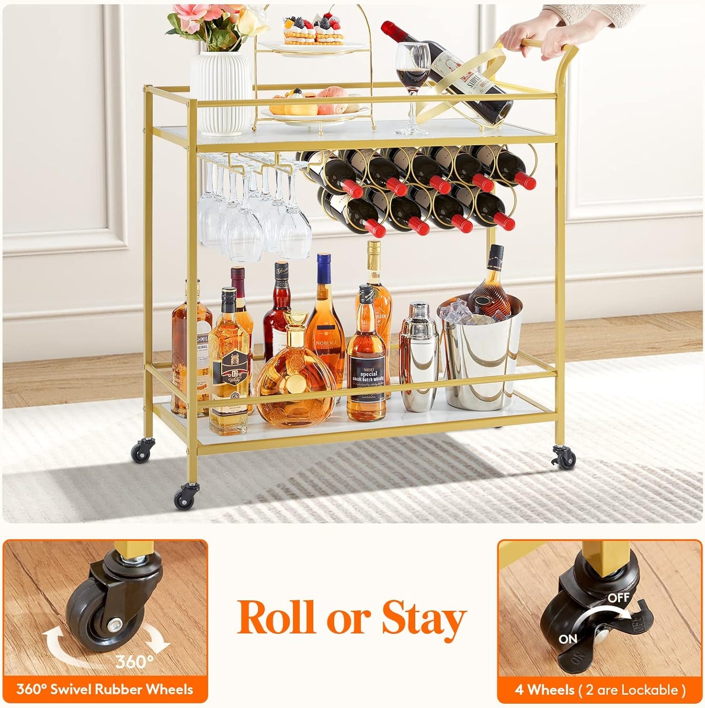 Lifewit 2-Tier Bar Cart with 9 Wine Bottle Racks Serving Trolley Gold DEMO