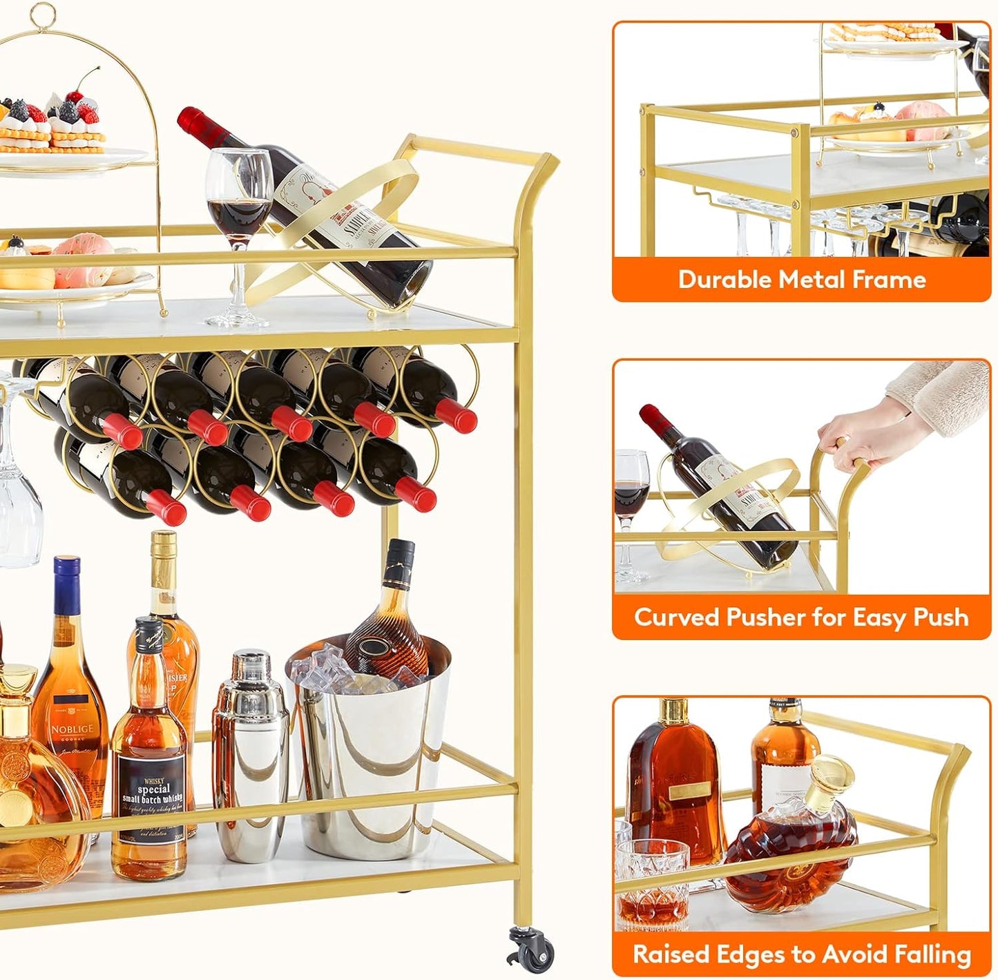 Lifewit 2-Tier Bar Cart with 9 Wine Bottle Racks Serving Trolley Gold DEMO