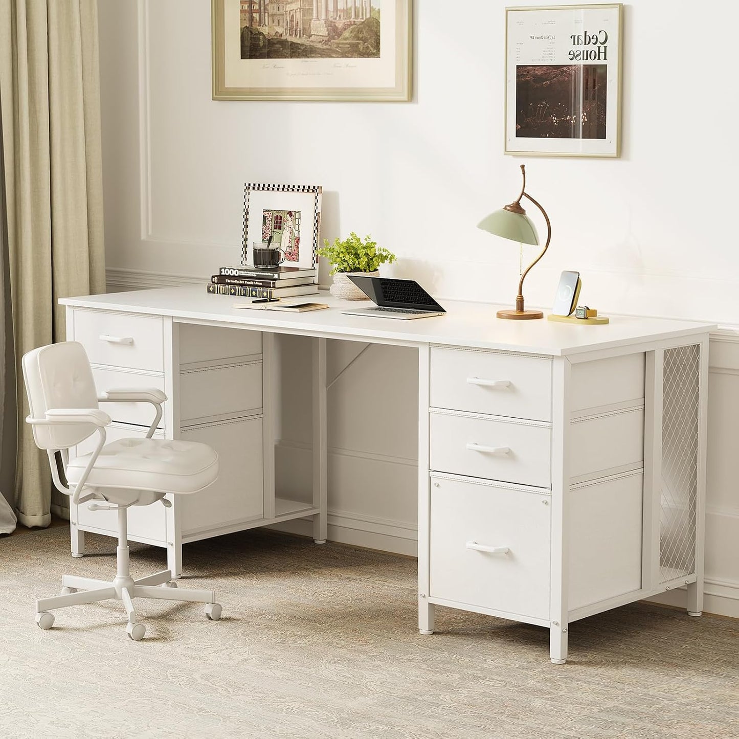 ODK 160cm Desks Home Office Desk with 2 File Cabinets & 4 Fabric Drawers, DEMO