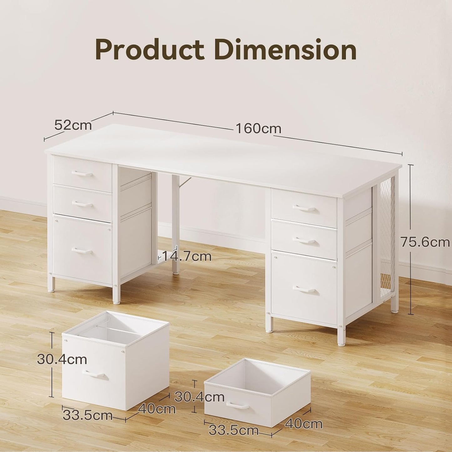 ODK 160cm Desks Home Office Desk with 2 File Cabinets & 4 Fabric Drawers, DEMO