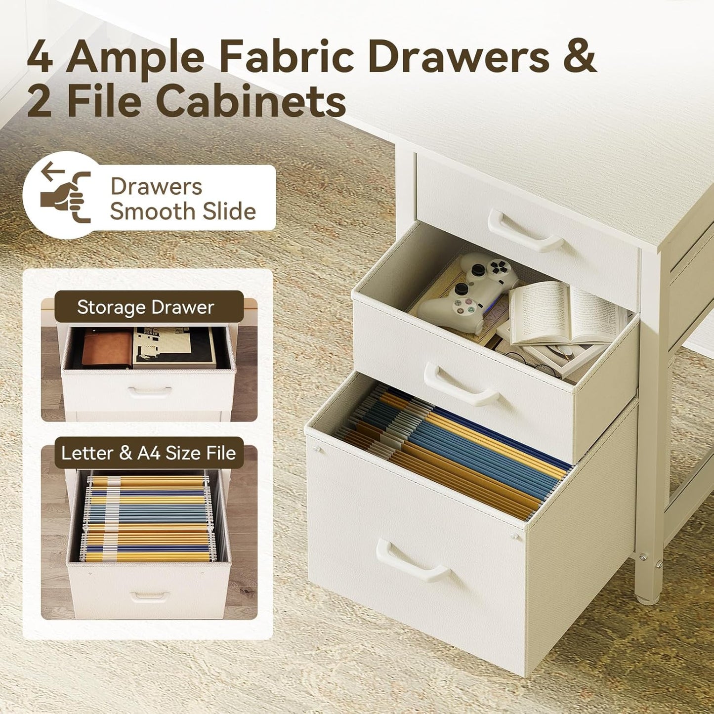 ODK 160cm Desks Home Office Desk with 2 File Cabinets & 4 Fabric Drawers, DEMO