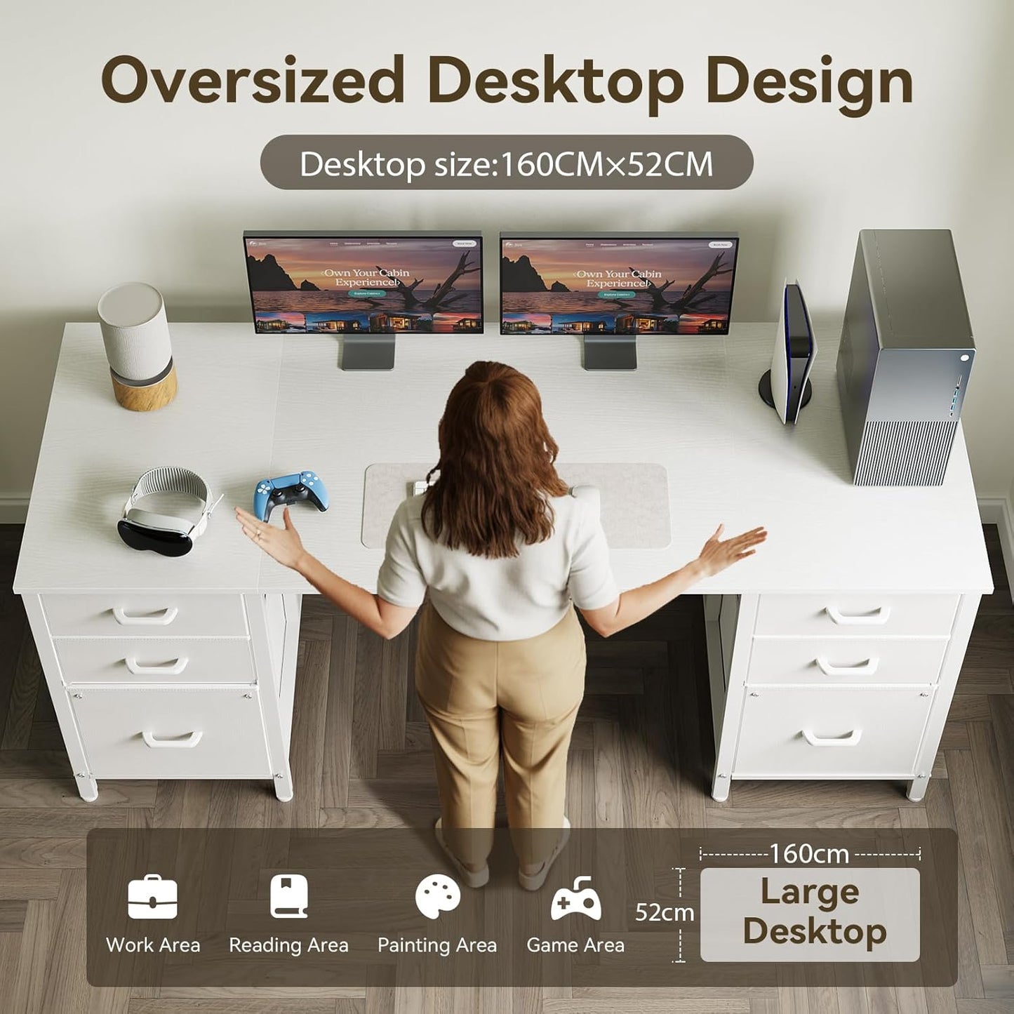 ODK 160cm Desks Home Office Desk with 2 File Cabinets & 4 Fabric Drawers, DEMO