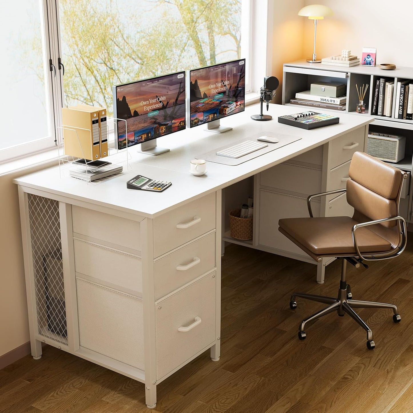ODK 160cm Desks Home Office Desk with 2 File Cabinets & 4 Fabric Drawers, DEMO