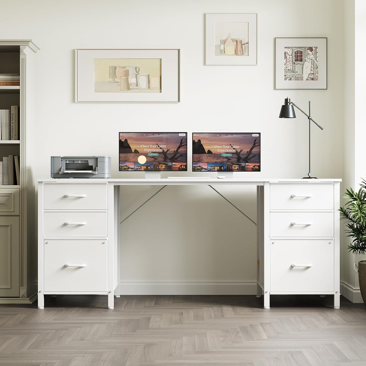 ODK 160cm Desks Home Office Desk with 2 File Cabinets & 4 Fabric Drawers, DEMO