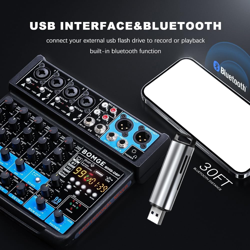 BOMGE 6-Channel DJ Mixers DJ Audio Mixer Console with USB Bluetooth DEMO