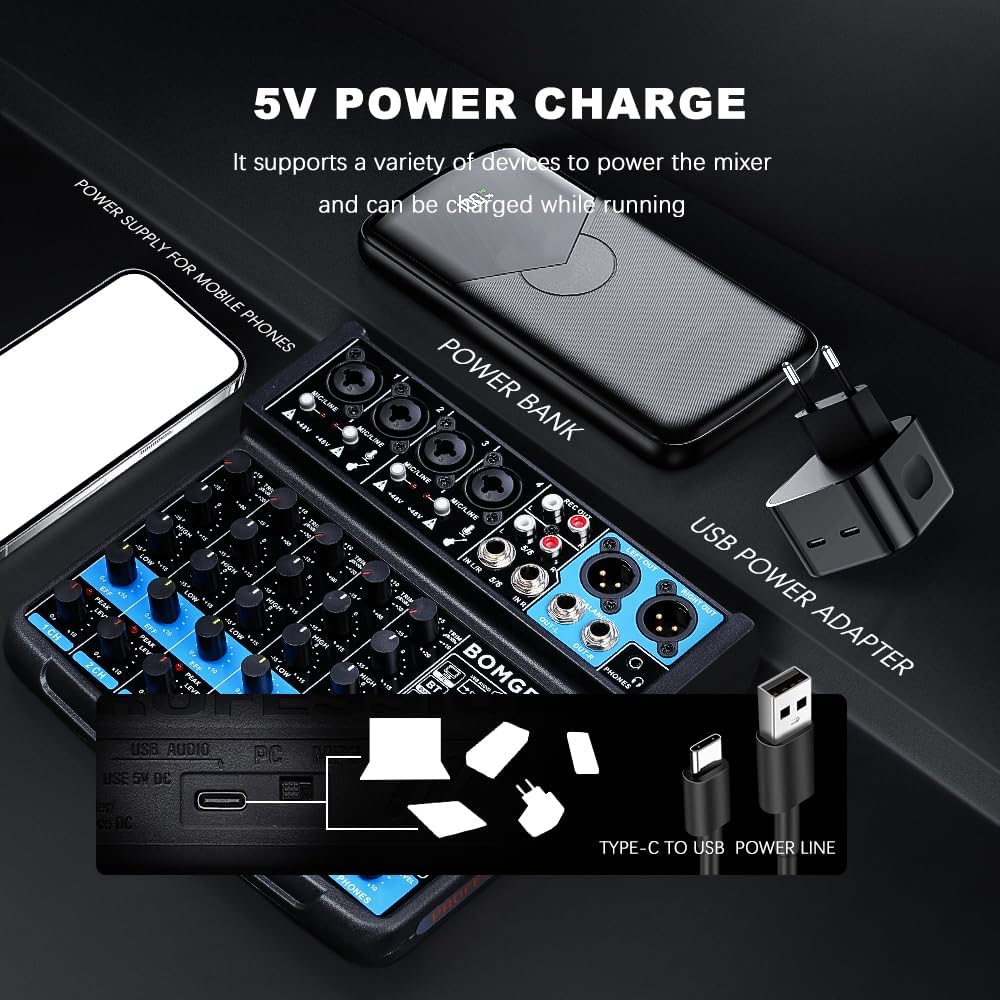 BOMGE 6-Channel DJ Mixers DJ Audio Mixer Console with USB Bluetooth DEMO