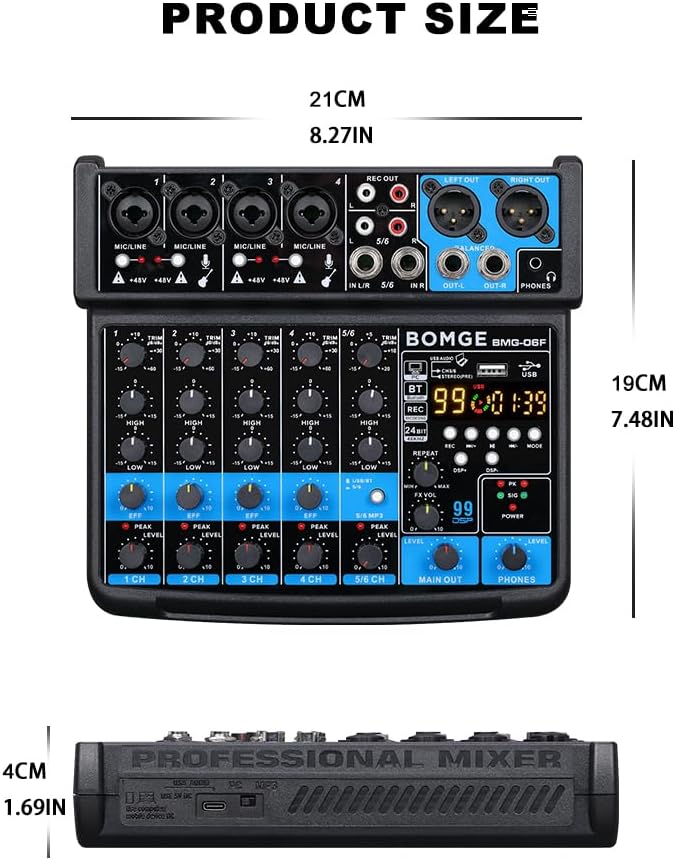 BOMGE 6-Channel DJ Mixers DJ Audio Mixer Console with USB Bluetooth DEMO