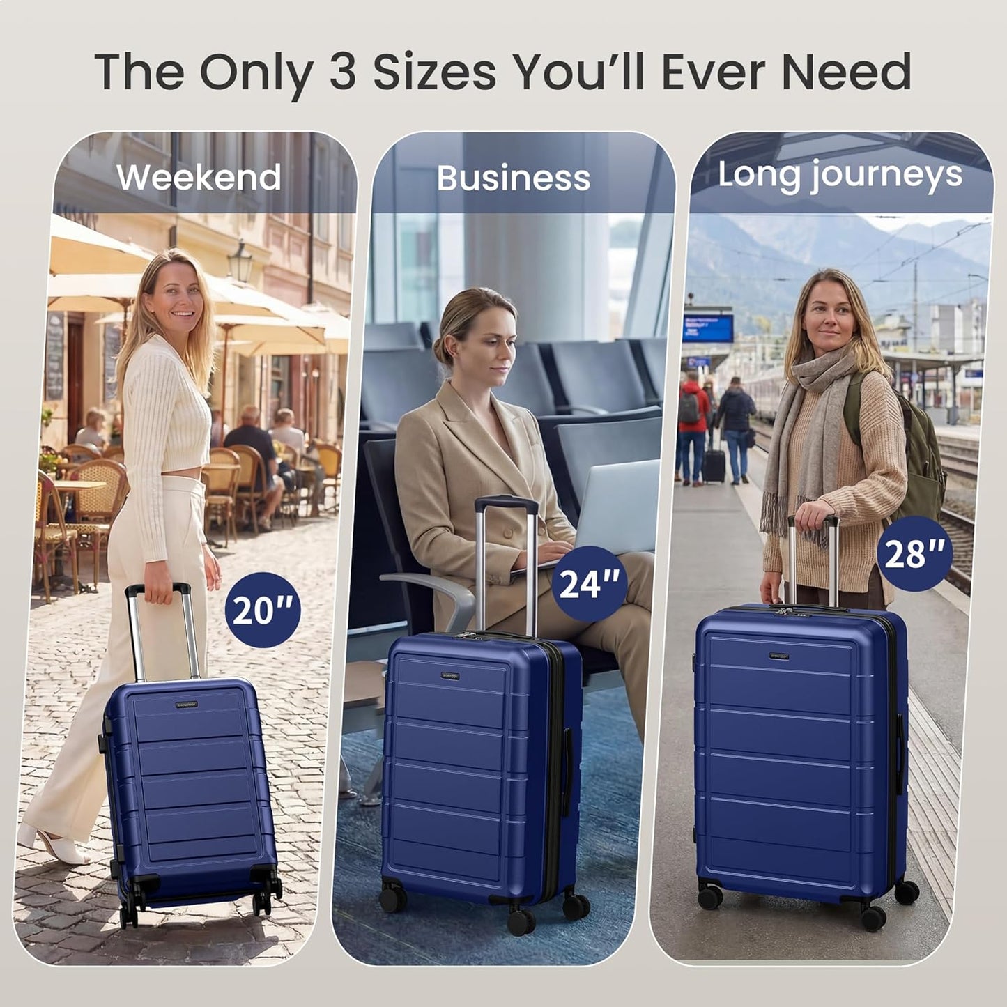 SHOWKOO Blue Hard Shell 3 Piece Expandable Polycarbonate Luggage Set NEW