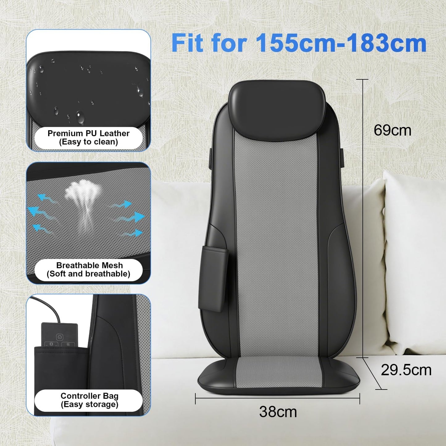 Kovizen Shiatsu Back Massager Cushion with Heat and Height Adjustment Black NEW