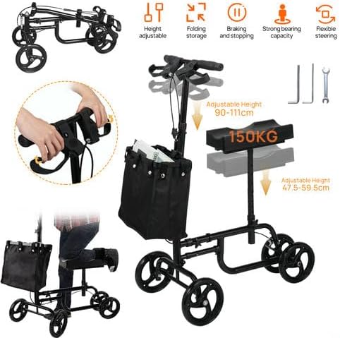 PORIYA Foldable Knee Scooter Walker Steerable Mobility Aid, 12 Inch Black NEW