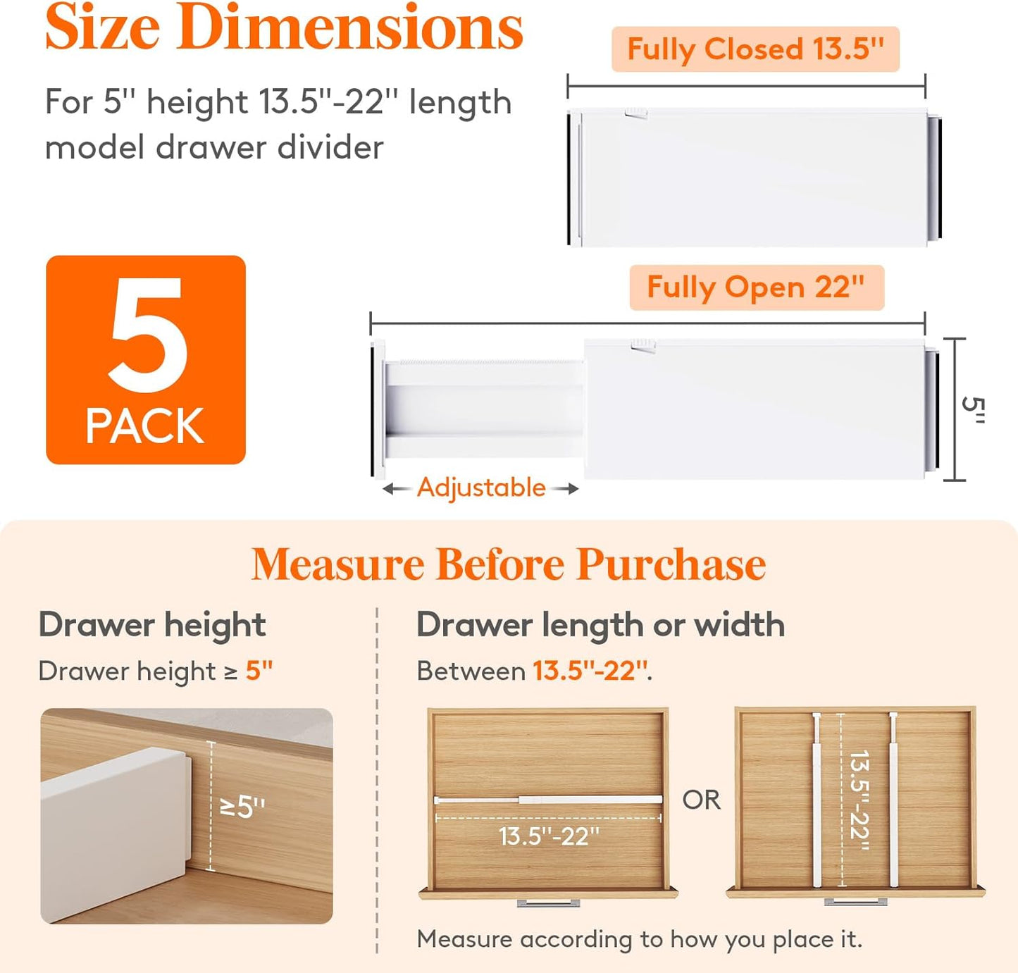 Lifewit Adjustable Plastic Drawer Dividers Organizers, 5" High, 13.5-22", NEW