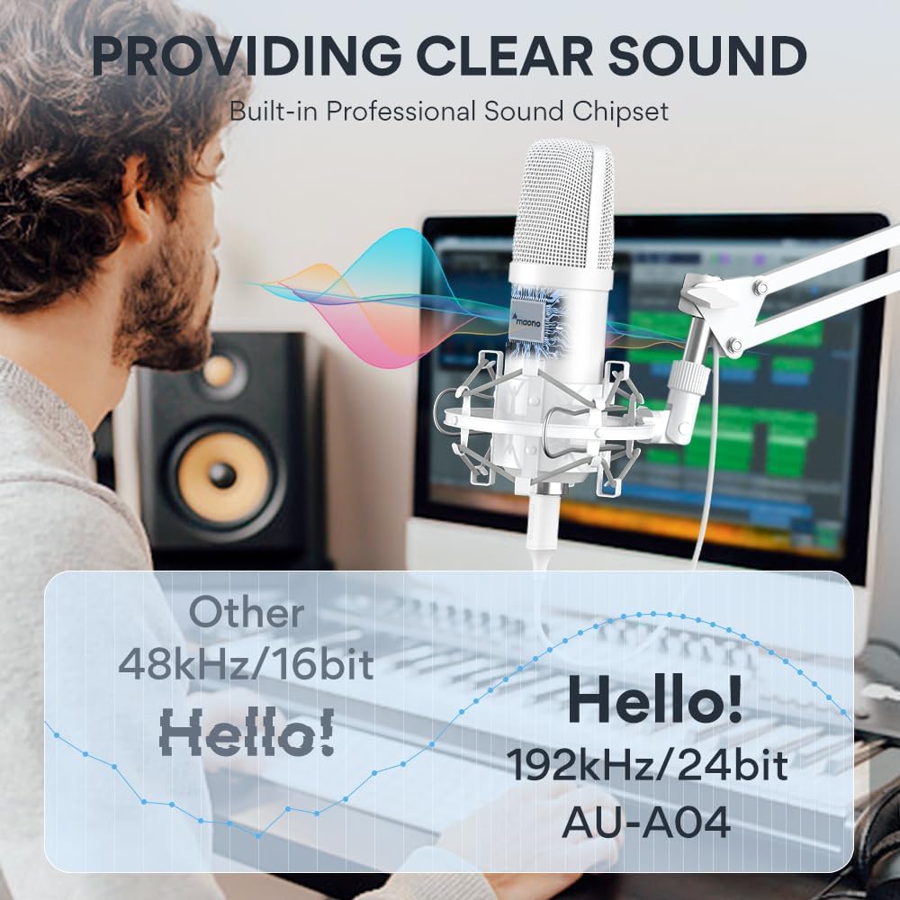 MAONO USB Condenser Microphone, 192kHz/24bit, Plug & Play, PC Podcast, DEMO